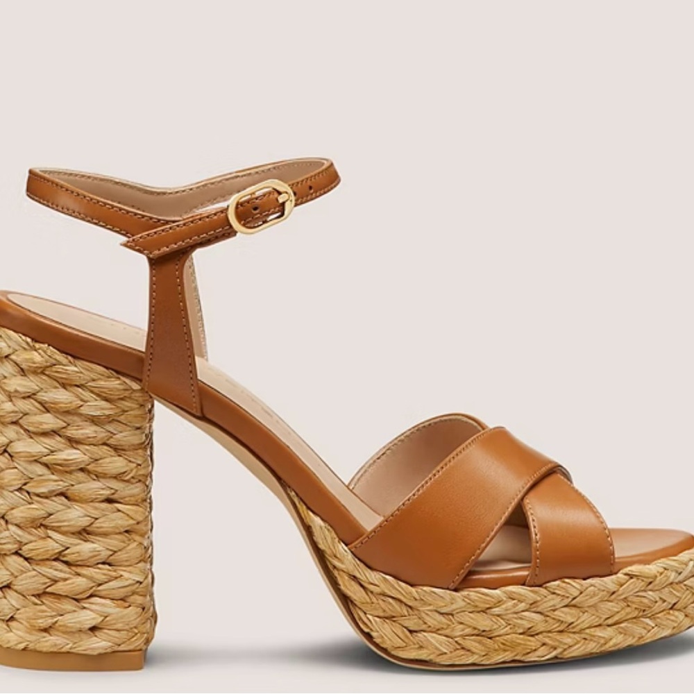 Stuart Weitzman chic tan Leather Sandals with Woven Heel